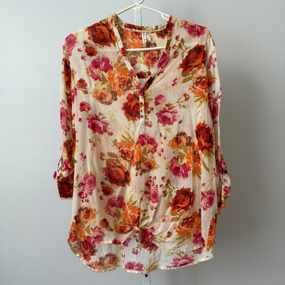 Cotton Daisy Boho Prairie Peasant Floral Roll Tab Tunic Top Medium Pink